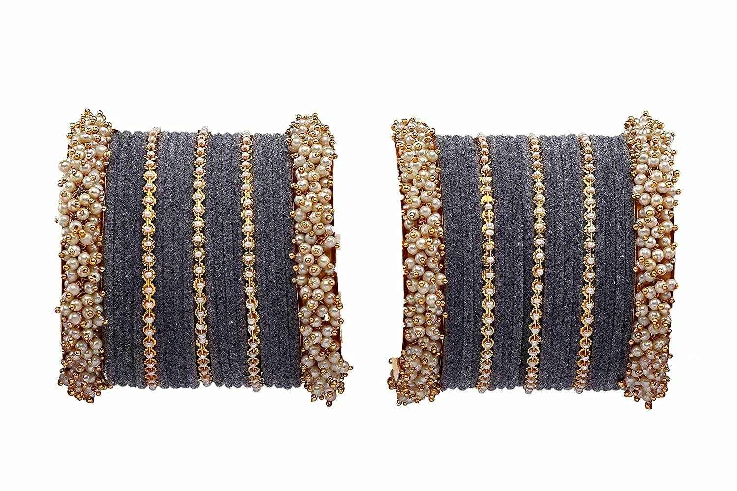 T4 Jewels Stylish Latest Collection Fashion Jewellery Pearl And Stone Glossy Finished Metal Bangles Set - 70NO