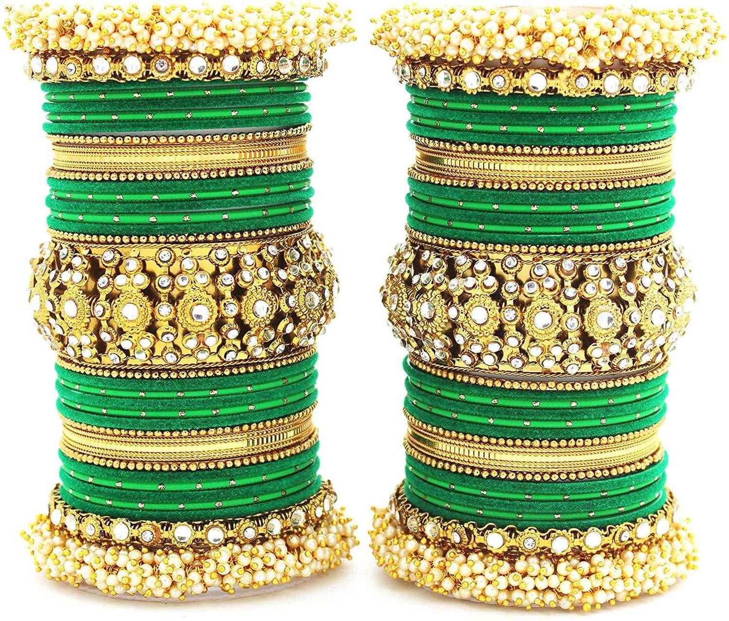 T4 Jewels Pearl Cubic Zirconia Kundan Bangles Set Red/Green/Blue/Pink Colours Bridal Chuda/Wedding Chuda - 90NO.