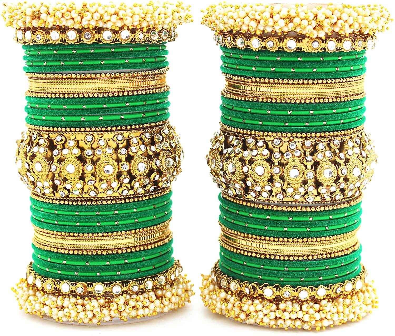 T4 Jewels Pearl Cubic Zirconia Kundan Bangles Set Red/Green/Blue/Pink Colours Bridal Chuda/Wedding Chuda - 90NO.