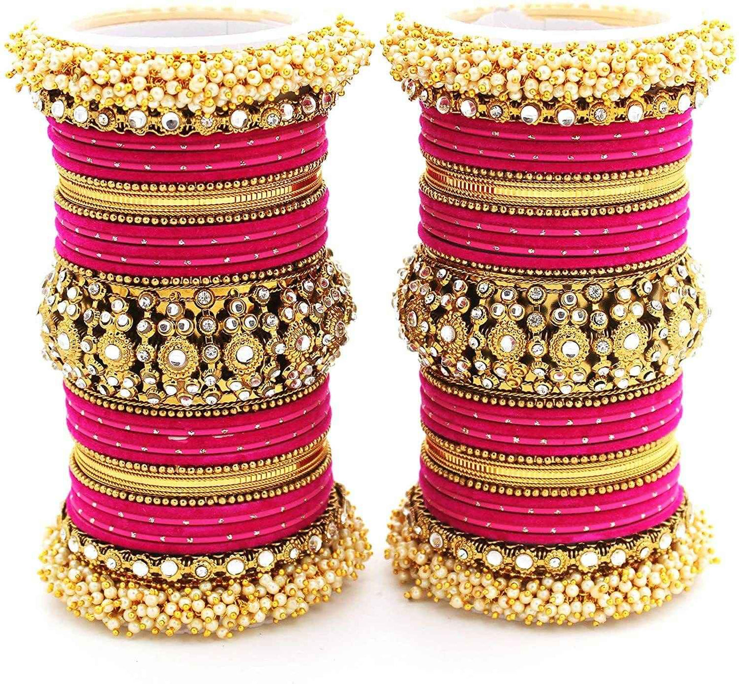 T4 Jewels Pearl Cubic Zirconia Kundan Bangles Set Red/Green/Blue/Pink Colours Bridal Chuda/Wedding Chuda - 90NO.