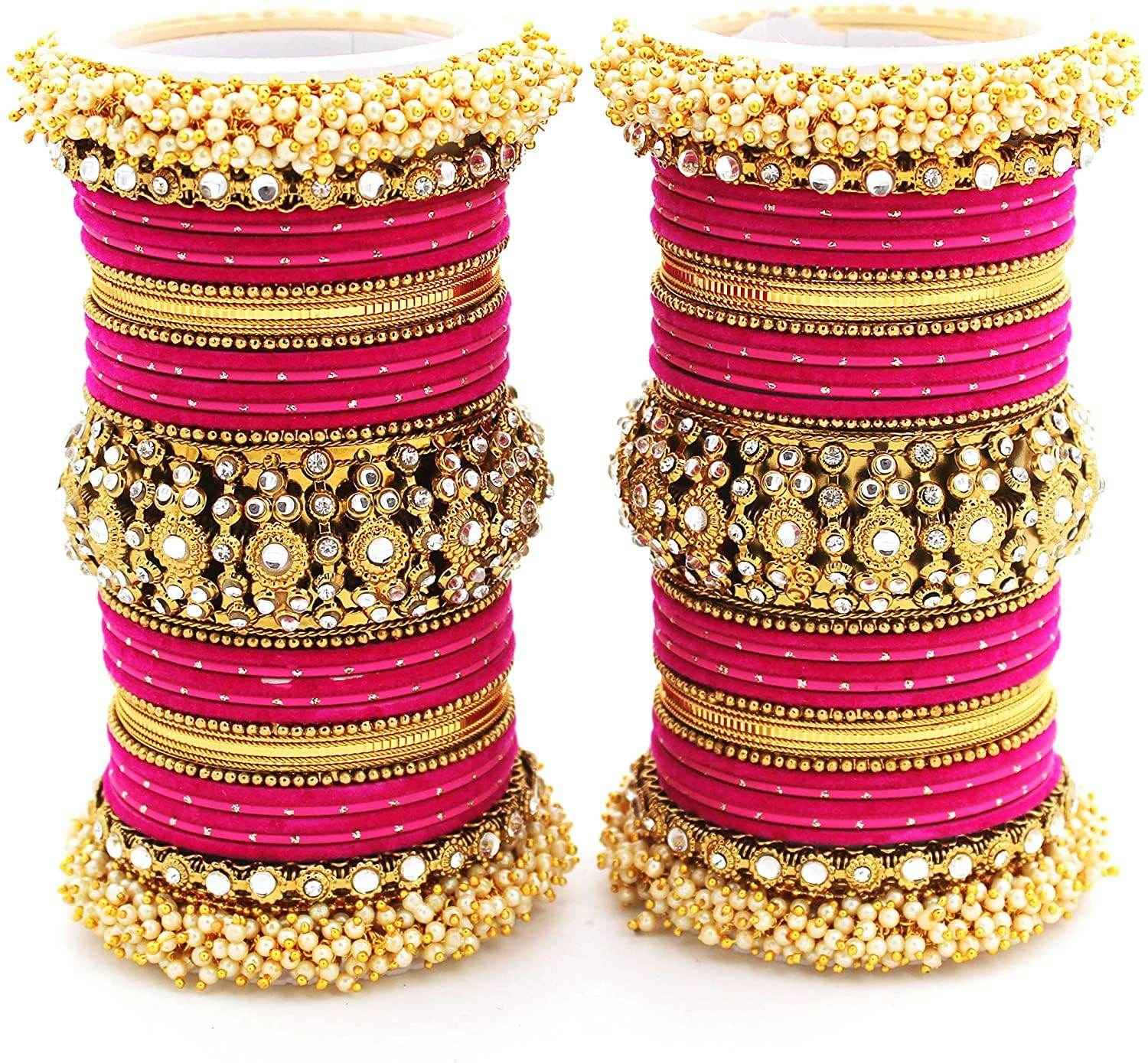 T4 Jewels Pearl Cubic Zirconia Kundan Bangles Set Red/Green/Blue/Pink Colours Bridal Chuda/Wedding Chuda - 90NO.