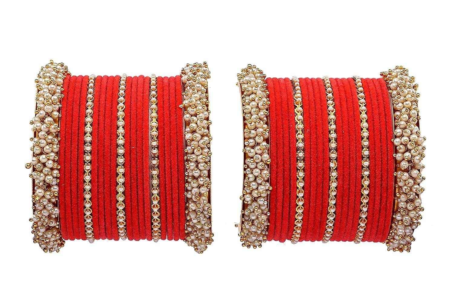 T4 Jewels Stylish Latest Collection Fashion Jewellery Pearl And Stone Glossy Finished Metal Bangles Set - 70NO