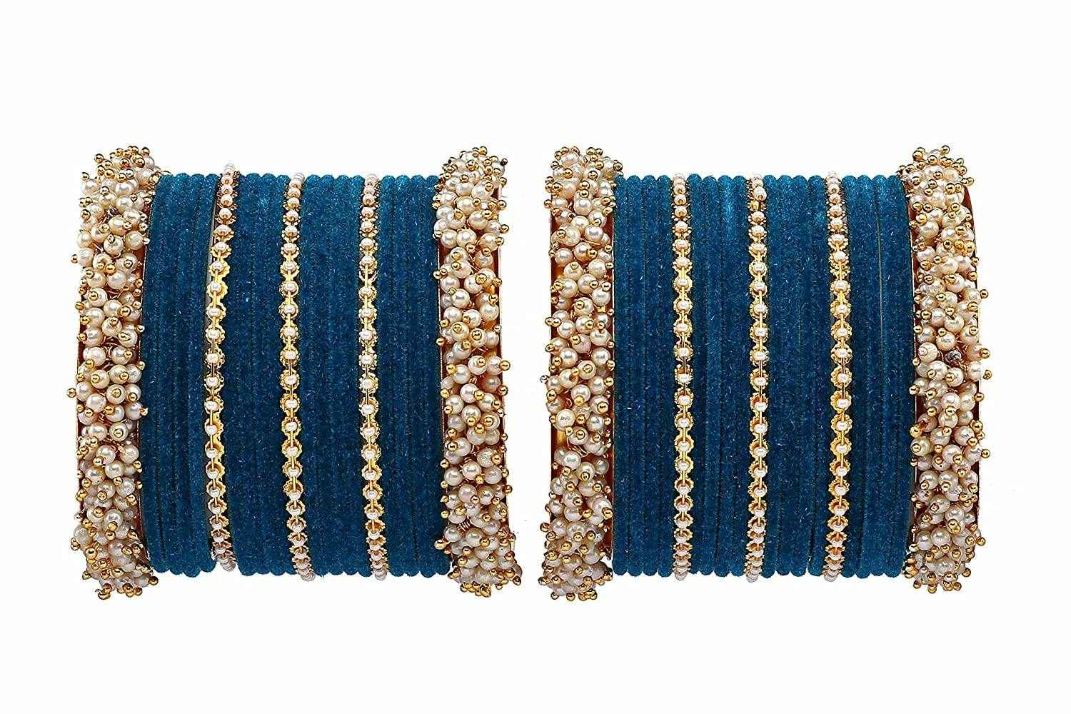 T4 Jewels Stylish Latest Collection Fashion Jewellery Pearl And Stone Glossy Finished Metal Bangles Set - 70NO