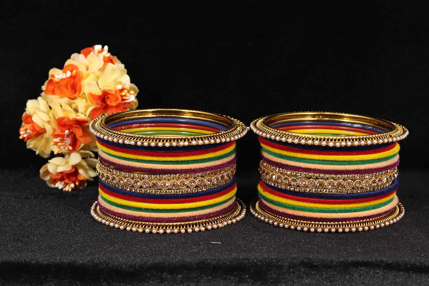 T4 Jewels Metal Velvet Bangles Studded Zircon Diamond Stone & Pearls | Stylish Women's Bangles | Metal bangles | Gold Plated Bangles T4 Jewels