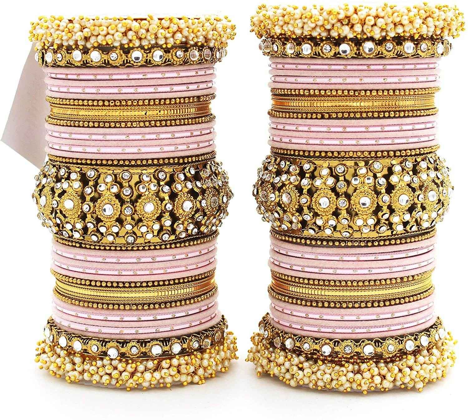 T4 Jewels Pearl Cubic Zirconia Kundan Bangles Set Red/Green/Blue/Pink Colours Bridal Chuda/Wedding Chuda - 90NO.