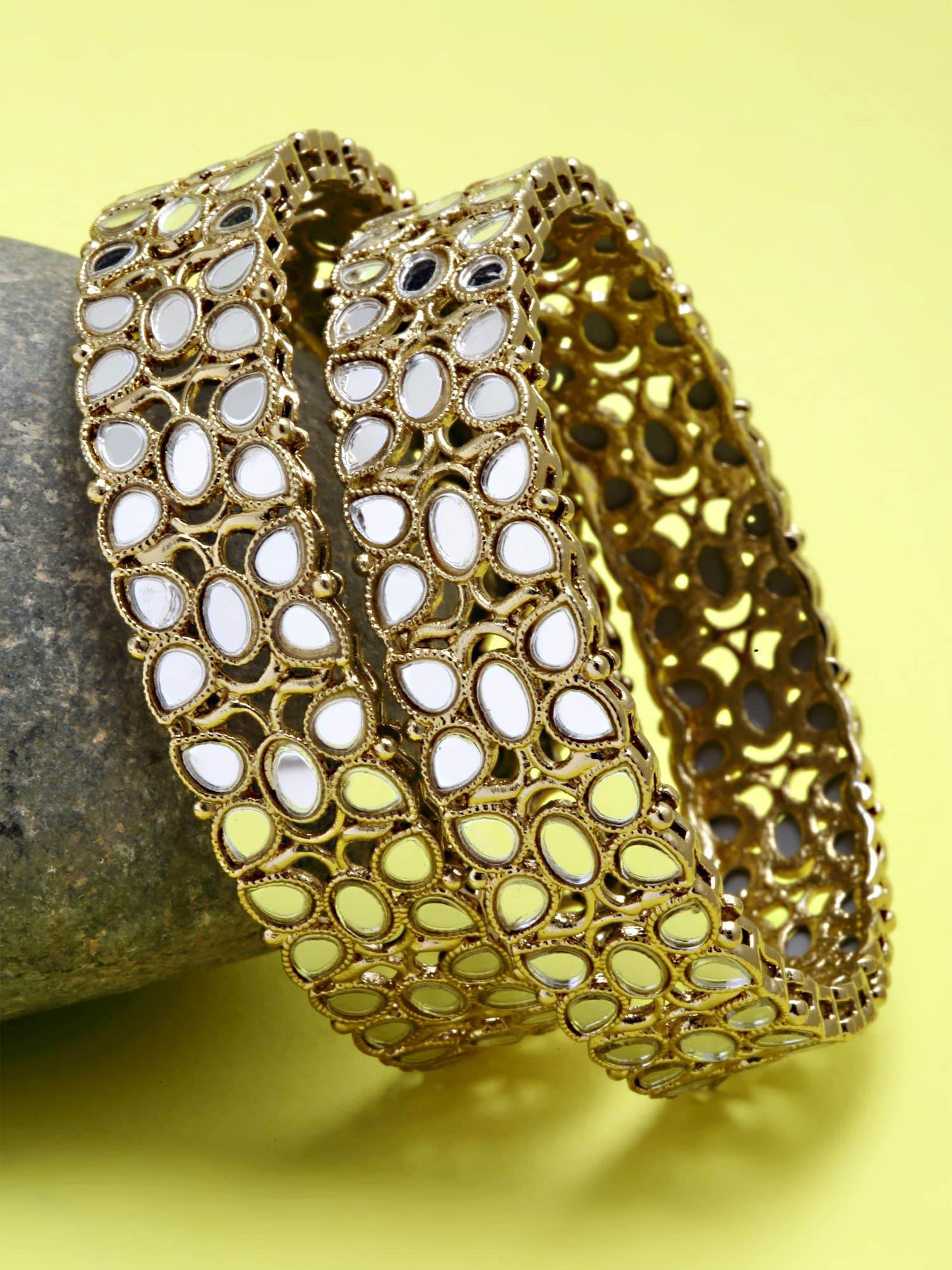 T4 Jewels Set of 2 Antique Gold Plated Kundan and Mirror Work Bangles for Women T4 Jewels