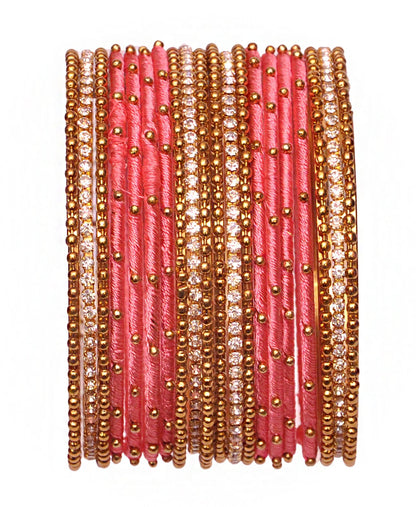 T4 Jewels Non-Precious Metal with Base Metal and Zircon Gemstone Studded Ball Chain Linked Glossy Finished Silk thread Bangle set Watermelon T4 Jewels