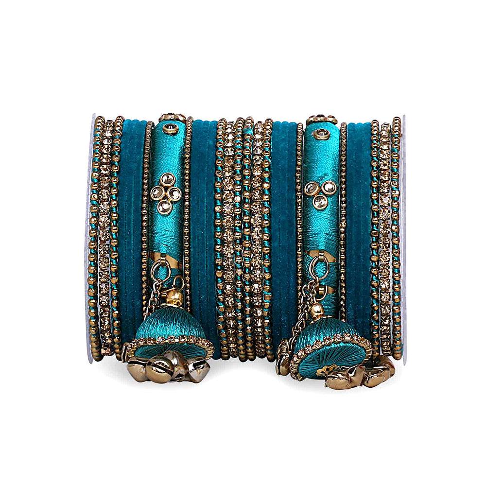 Bridal Silk Thread Sets With Large Jhumki Bells Rama Green T4 Jewels