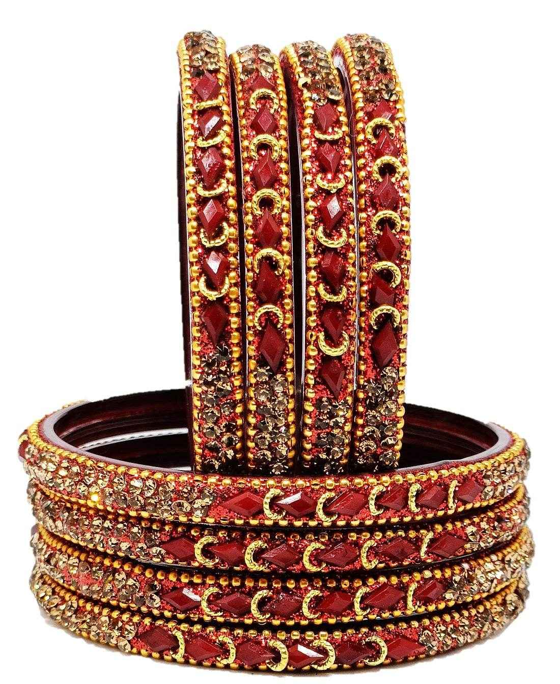 T4 Jewels (Large Size) Red, Green MultiColor Glass Kada Bangles (Pack Of 8)-NLKNTH