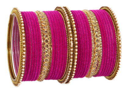 T4 Jewels Metal Velvet Bangles Studded Zircon Diamond Stone & Pearls | Stylish Women's Bangles | Metal bangles | Gold Plated Bangles Magenta T4 Jewels