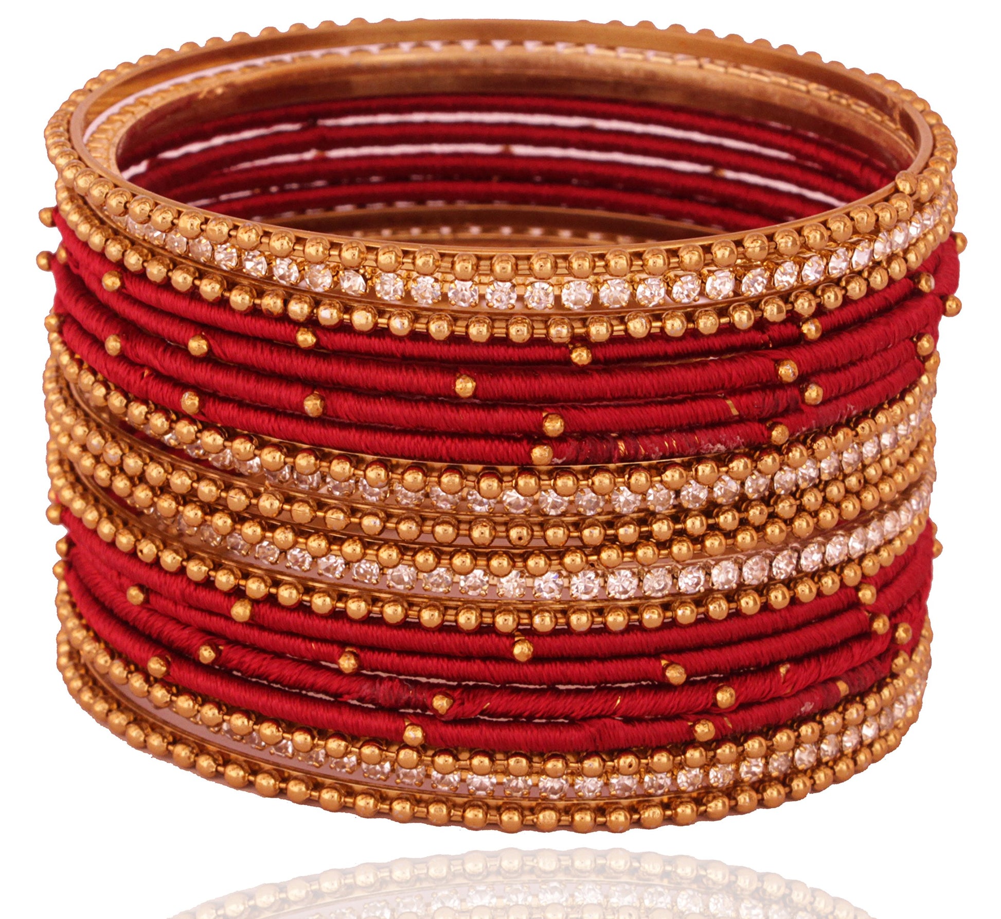T4 Jewels Non-Precious Metal with Base Metal and Zircon Gemstone Studded Ball Chain Linked Glossy Finished Silk thread Bangle set T4 Jewels