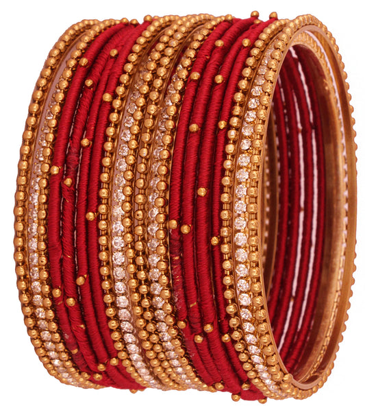 T4 Jewels Non-Precious Metal with Base Metal and Zircon Gemstone Studded Ball Chain Linked Glossy Finished Silk thread Bangle set Maroon T4 Jewels