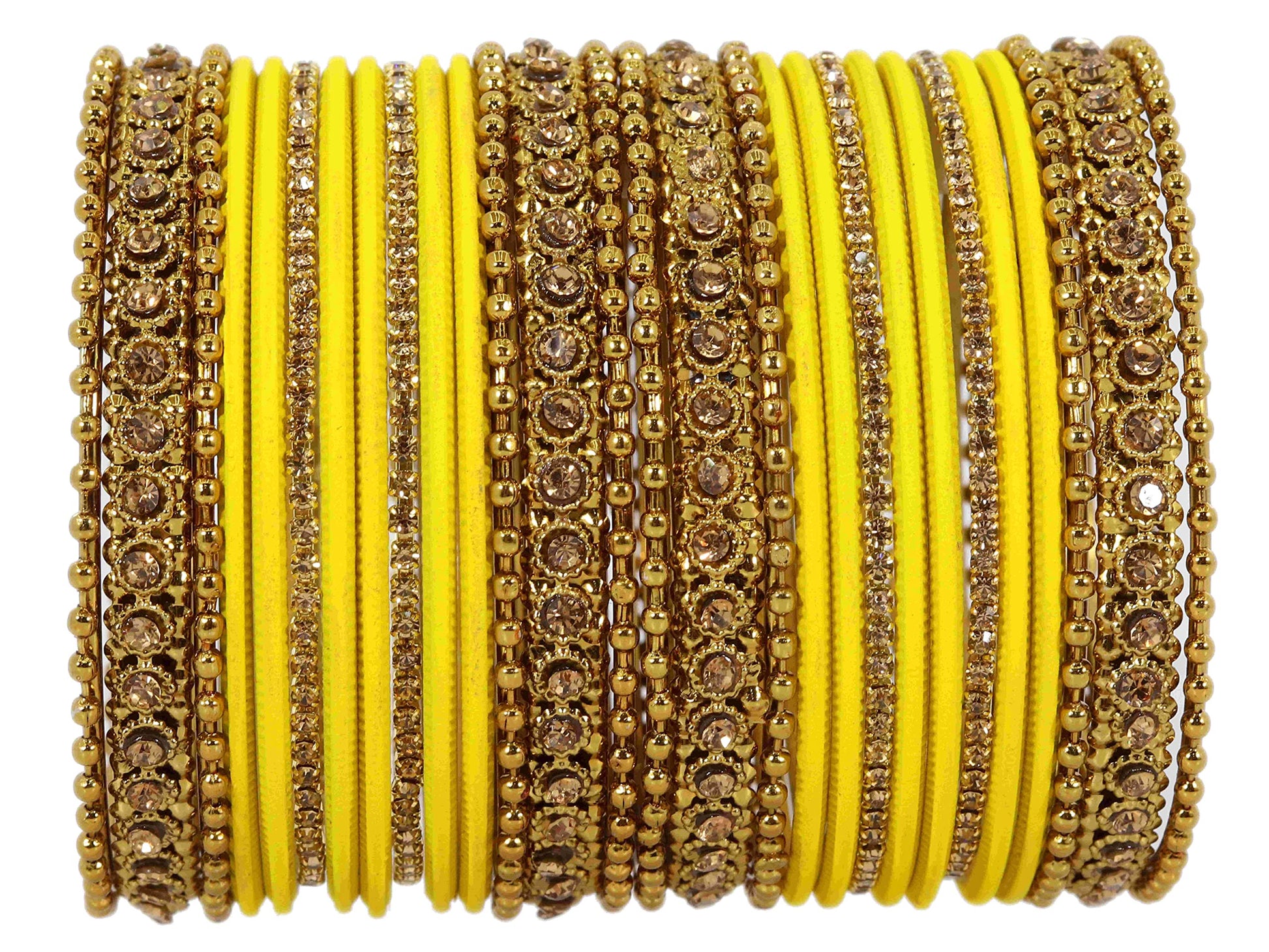 T4 Jewels Metal With Zircon Gemstone Studded Glossy Finished Traditional Bangle set Bright Yellow 2-4 T4 Jewels