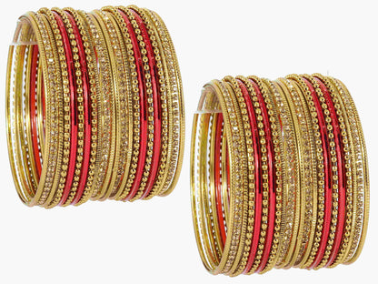 T4 Jewels Non-Precious Metal with Base Metal Zircon Gemstone Studded Glossy Finished Ballchain Linked Gold Plated Cutting Pattern Bangle set for Women and Girls T4 Jewels