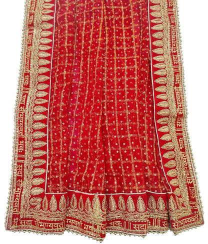 T4 Jewels Wedding Bridal Red Dupatta In Pure Viscous Georgette With Sada Saubhagyawati bhaw Embroidery Border (2.25m) & 4 side moti lace T4 Jewels