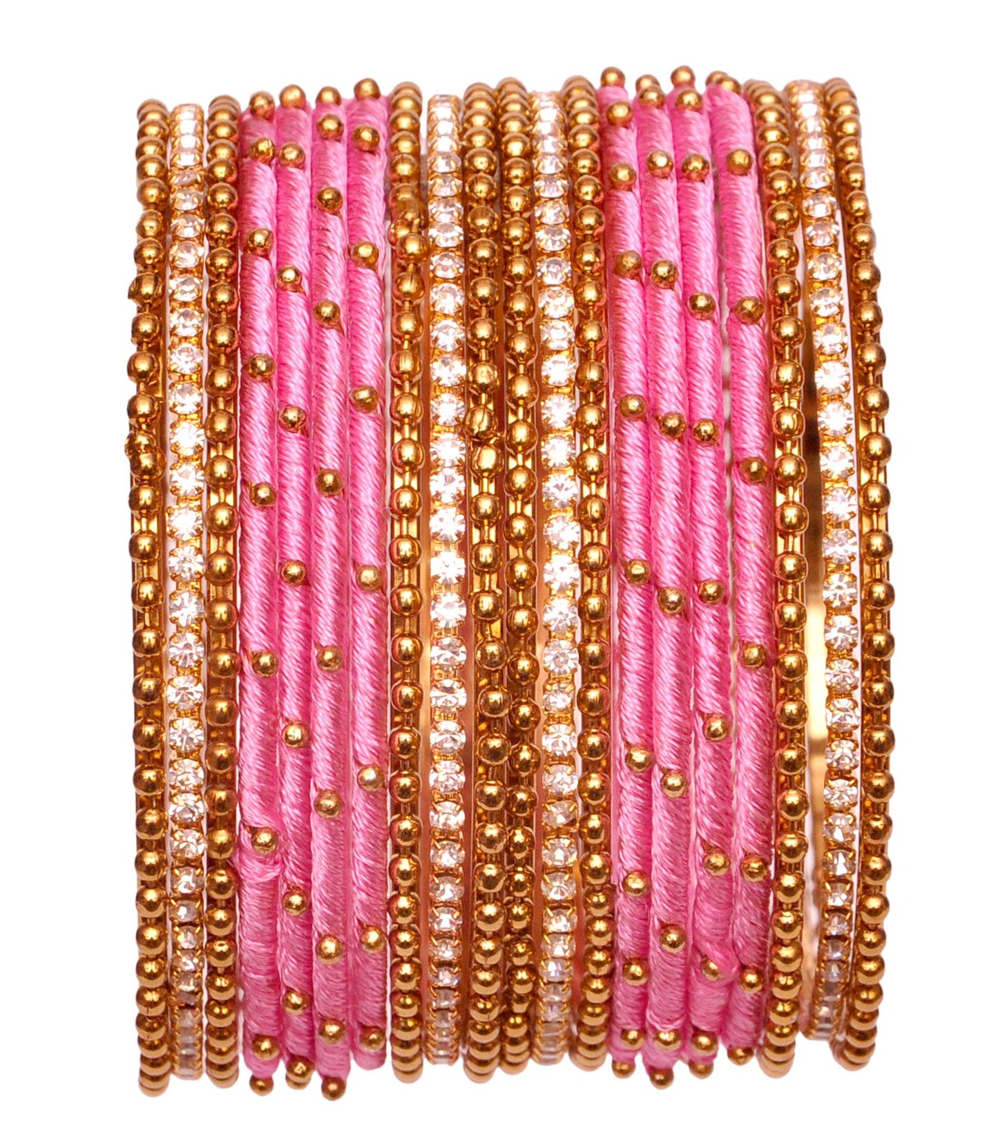 T4 Jewels Non-Precious Metal with Base Metal and Zircon Gemstone Studded Ball Chain Linked Glossy Finished Silk thread Bangle set Pink 2.6 Inches T4 Jewels