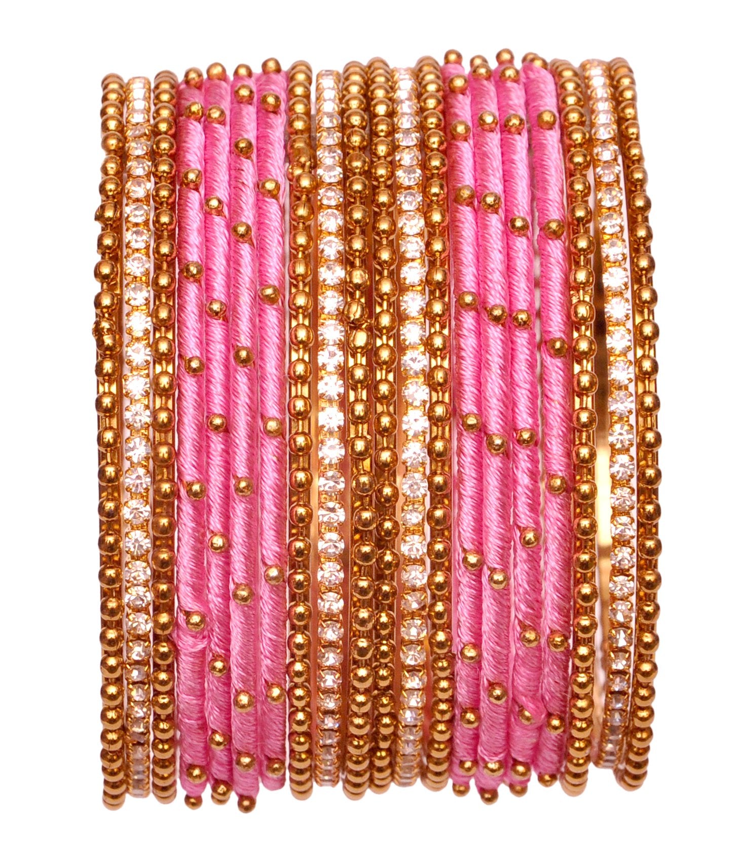 T4 Jewels Non-Precious Metal with Base Metal and Zircon Gemstone Studded Ball Chain Linked Glossy Finished Silk thread Bangle set Pink 2.6 Inches T4 Jewels