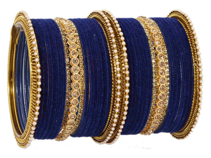 T4 Jewels Metal Velvet Bangles Studded Zircon Diamond Stone & Pearls | Stylish Women's Bangles | Metal bangles | Gold Plated Bangles Darkblue T4 Jewels