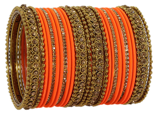 T4 Jewels Metal With Zircon Gemstone Studded Glossy Finished Traditional Bangle set Orange-Tamatri T4 Jewels