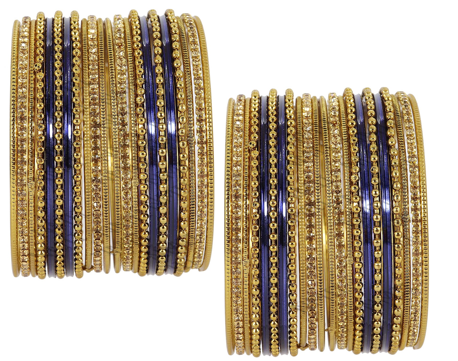 T4 Jewels Non-Precious Metal with Base Metal Zircon Gemstone Studded Glossy Finished Ballchain Linked Gold Plated Cutting Pattern Bangle set for Women and Girls Dark Blue T4 Jewels