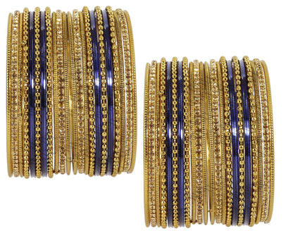 T4 Jewels Non-Precious Metal with Base Metal Zircon Gemstone Studded Glossy Finished Ballchain Linked Gold Plated Cutting Pattern Bangle set for Women and Girls Dark Blue T4 Jewels