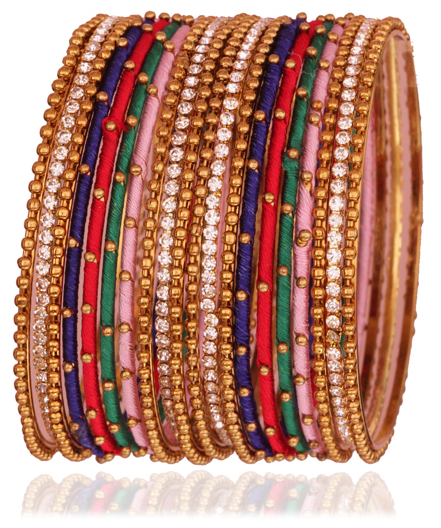 T4 Jewels Non-Precious Metal with Base Metal and Zircon Gemstone Studded Ball Chain Linked Glossy Finished Silk thread Bangle set Multicolor 2.4 Inches T4 Jewels