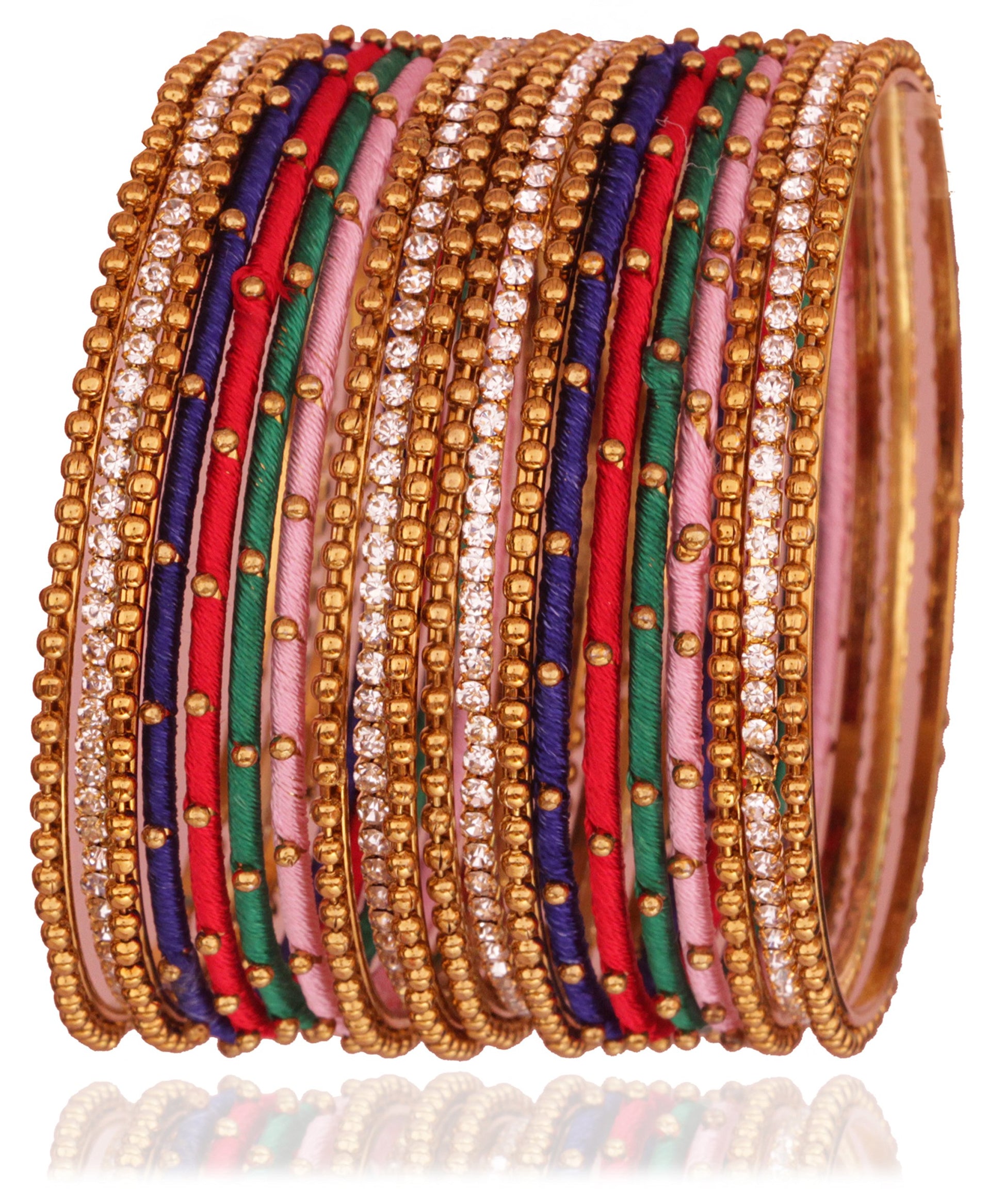 T4 Jewels Non-Precious Metal with Base Metal and Zircon Gemstone Studded Ball Chain Linked Glossy Finished Silk thread Bangle set Multicolor 2.4 Inches T4 Jewels