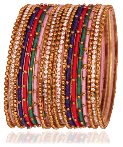 T4 Jewels Non-Precious Metal with Base Metal and Zircon Gemstone Studded Ball Chain Linked Glossy Finished Silk thread Bangle set Multicolor 2.4 Inches T4 Jewels
