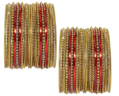 T4 Jewels Non-Precious Metal with Base Metal Zircon Gemstone Studded Glossy Finished Ballchain Linked Gold Plated Cutting Pattern Bangle set for Women and Girls T4 Jewels