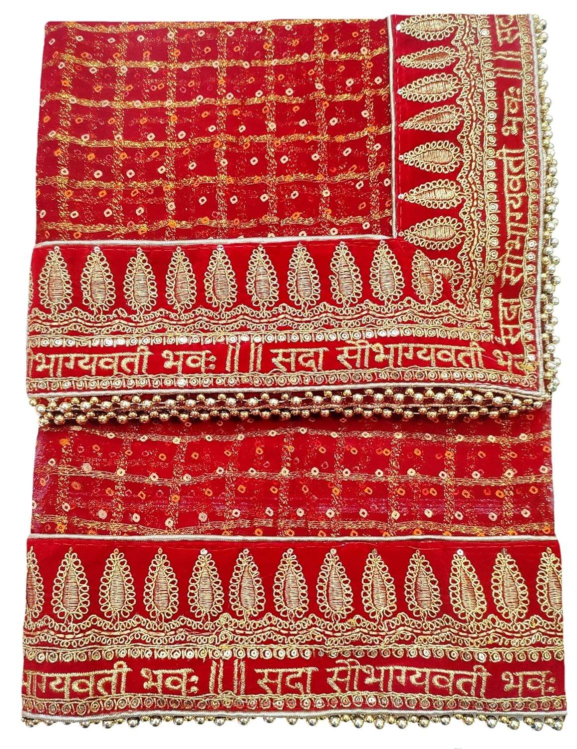 T4 Jewels Wedding Bridal Red Dupatta In Pure Viscous Georgette With Sada Saubhagyawati bhaw Embroidery Border (2.25m) & 4 side moti lace T4 Jewels