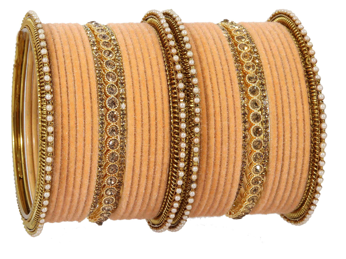 T4 Jewels Metal Velvet Bangles Studded Zircon Diamond Stone & Pearls | Stylish Women's Bangles | Metal bangles | Gold Plated Bangles Peach T4 Jewels