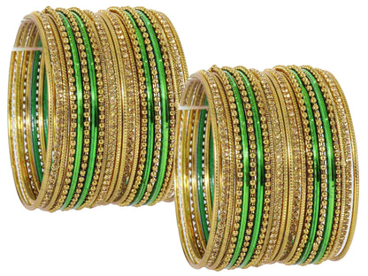 T4 Jewels Non-Precious Metal with Base Metal Zircon Gemstone Studded Glossy Finished Ballchain Linked Gold Plated Cutting Pattern Bangle set for Women and Girls T4 Jewels