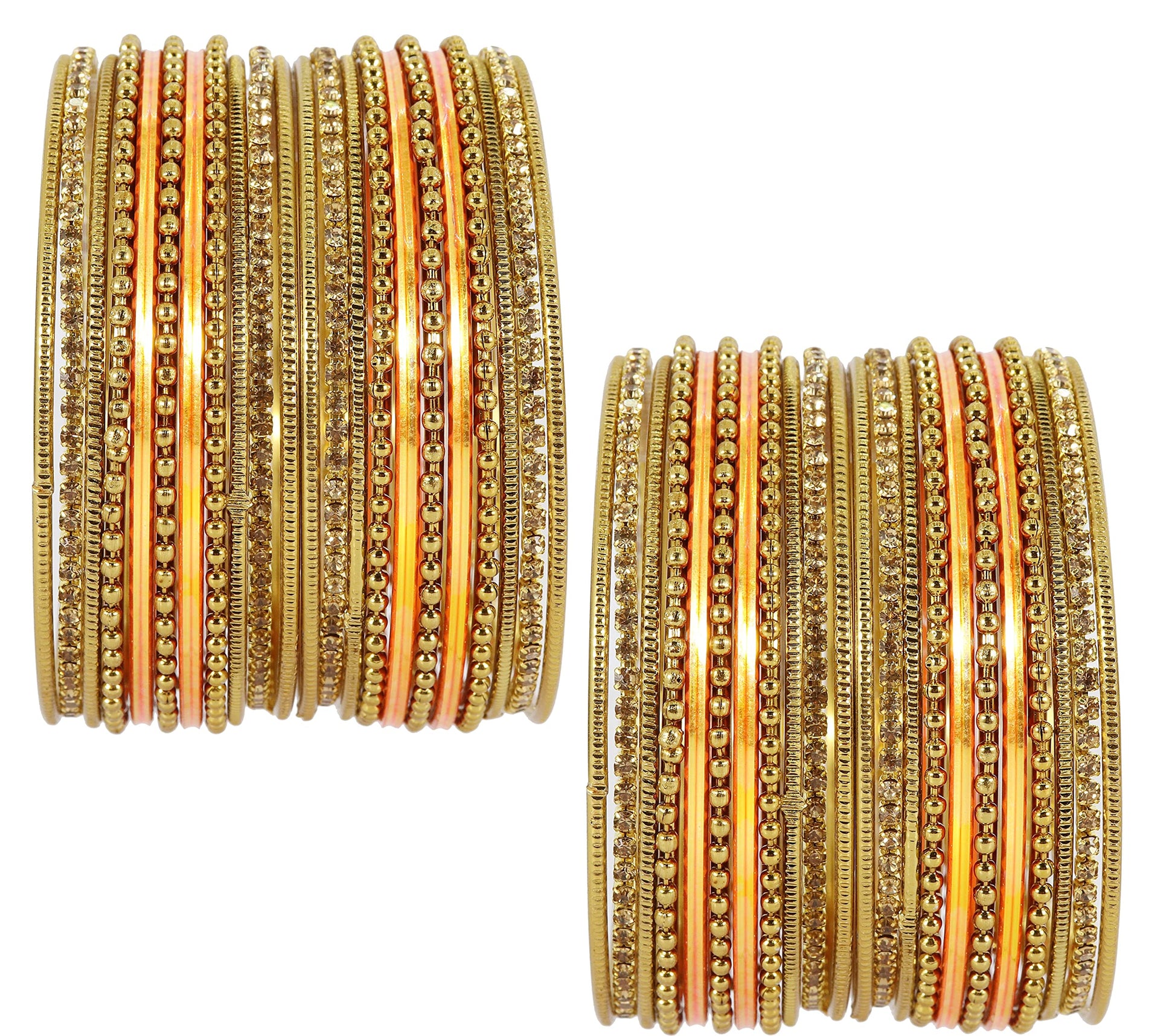 T4 Jewels Non-Precious Metal with Base Metal Zircon Gemstone Studded Glossy Finished Ballchain Linked Gold Plated Cutting Pattern Bangle set for Women and Girls Orange T4 Jewels