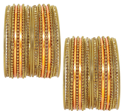 T4 Jewels Non-Precious Metal with Base Metal Zircon Gemstone Studded Glossy Finished Ballchain Linked Gold Plated Cutting Pattern Bangle set for Women and Girls Orange T4 Jewels