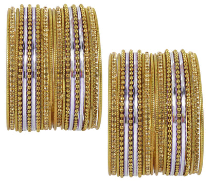 T4 Jewels Non-Precious Metal with Base Metal Zircon Gemstone Studded Glossy Finished Ballchain Linked Gold Plated Cutting Pattern Bangle set for Women and Girls T4 Jewels