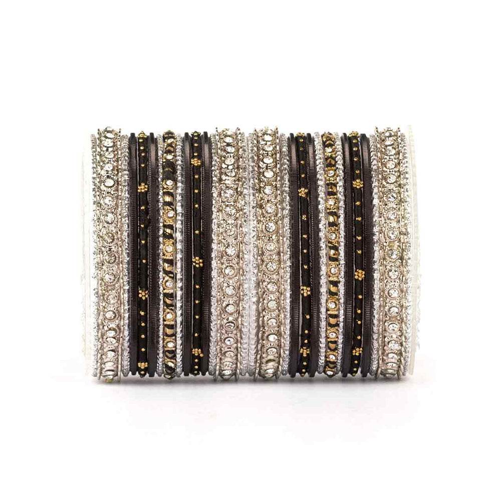 Elegant Colored Thread Bangle Set Black-Silver T4 Jewels