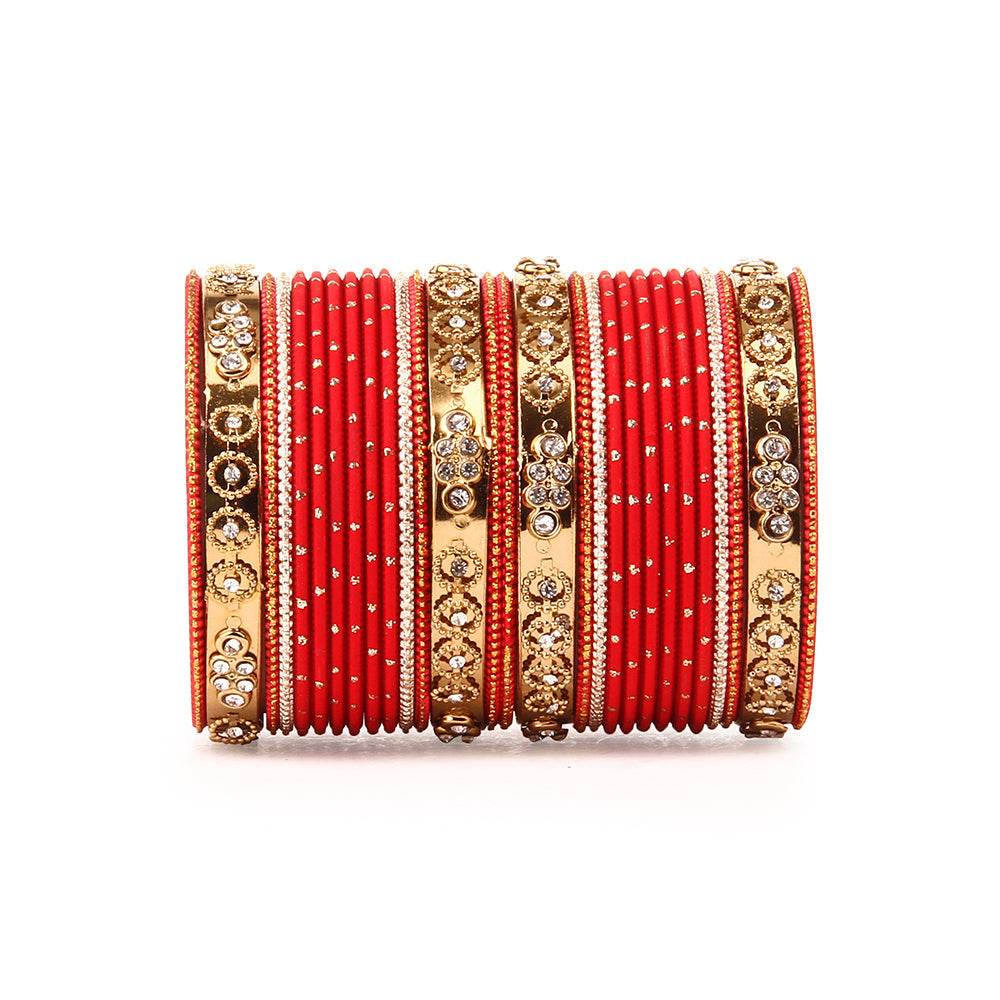 Traditional Bangle Set With Golden Dotted Bangles Red T4 Jewels