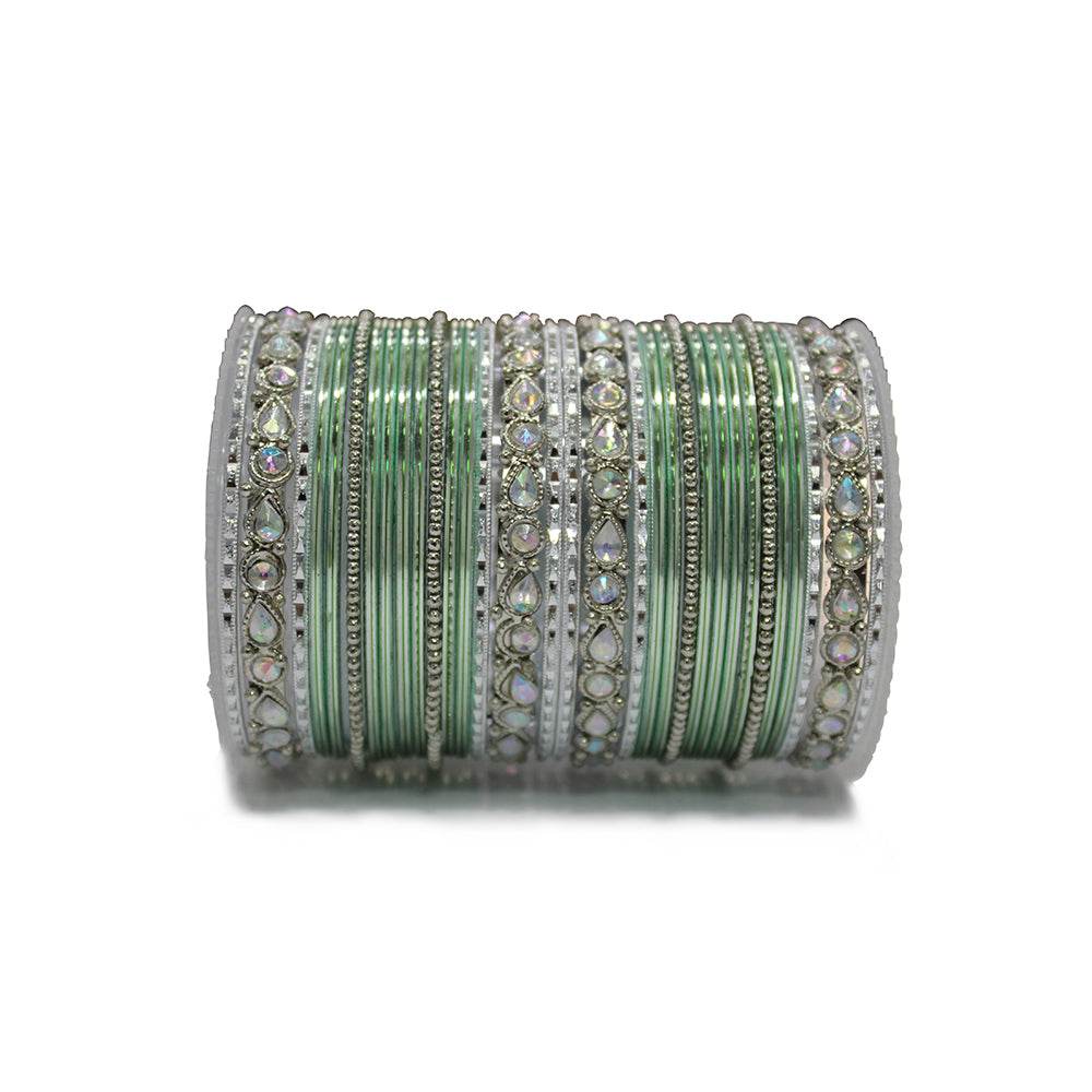 Kundan Gold Plating Bangle Set Light Green-Silver T4 Jewels