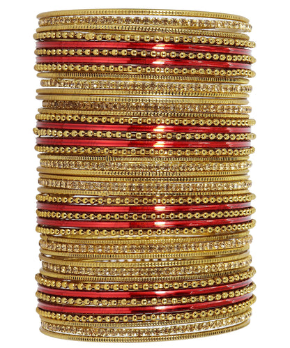 T4 Jewels Non-Precious Metal with Base Metal Zircon Gemstone Studded Glossy Finished Ballchain Linked Gold Plated Cutting Pattern Bangle set for Women and Girls T4 Jewels
