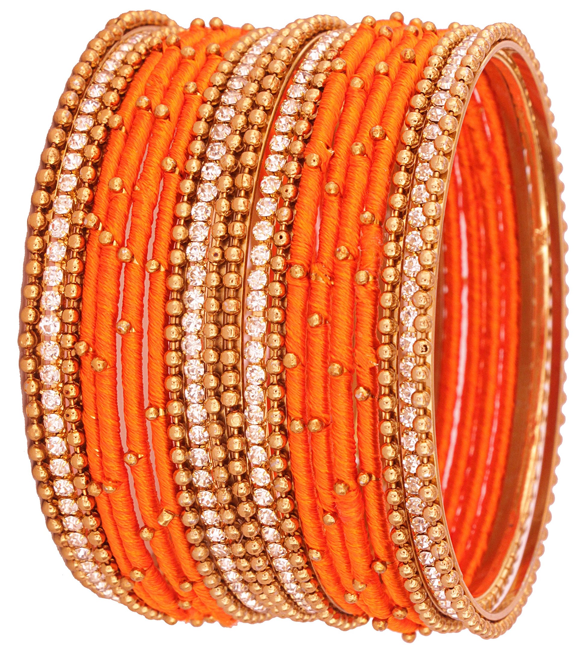 T4 Jewels Non-Precious Metal with Base Metal and Zircon Gemstone Studded Ball Chain Linked Glossy Finished Silk thread Bangle set Orange T4 Jewels