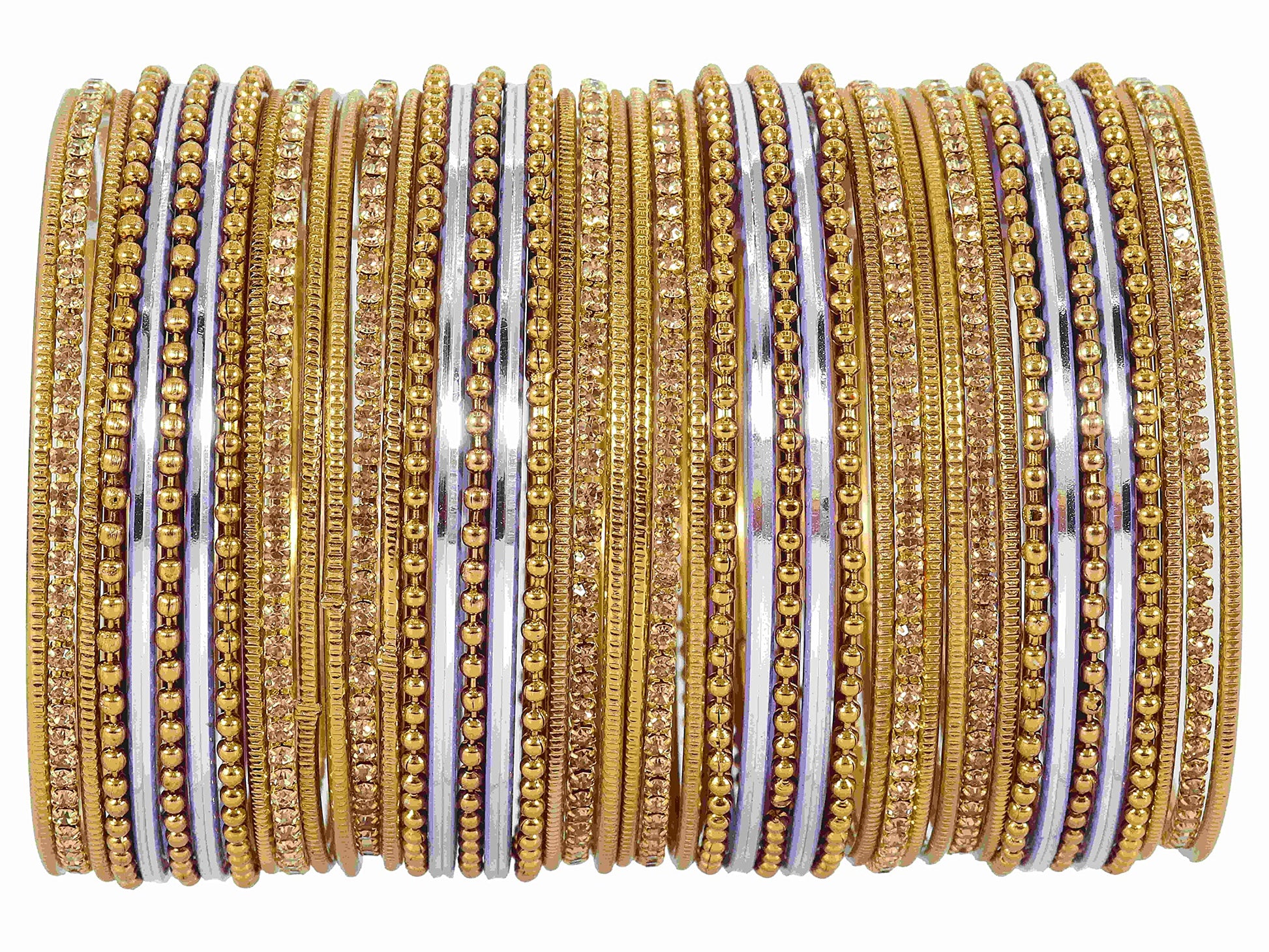 T4 Jewels Non-Precious Metal with Base Metal Zircon Gemstone Studded Glossy Finished Ballchain Linked Gold Plated Cutting Pattern Bangle set for Women and Girls Silver T4 Jewels
