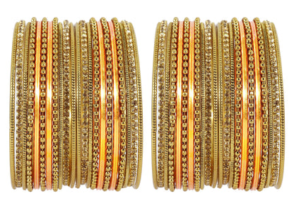 T4 Jewels Non-Precious Metal with Base Metal Zircon Gemstone Studded Glossy Finished Ballchain Linked Gold Plated Cutting Pattern Bangle set for Women and Girls T4 Jewels