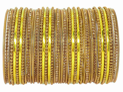 T4 Jewels Non-Precious Metal with Base Metal Zircon Gemstone Studded Glossy Finished Ballchain Linked Gold Plated Cutting Pattern Bangle set for Women and Girls Yellow T4 Jewels