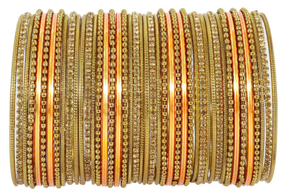 T4 Jewels Non-Precious Metal with Base Metal Zircon Gemstone Studded Glossy Finished Ballchain Linked Gold Plated Cutting Pattern Bangle set for Women and Girls T4 Jewels