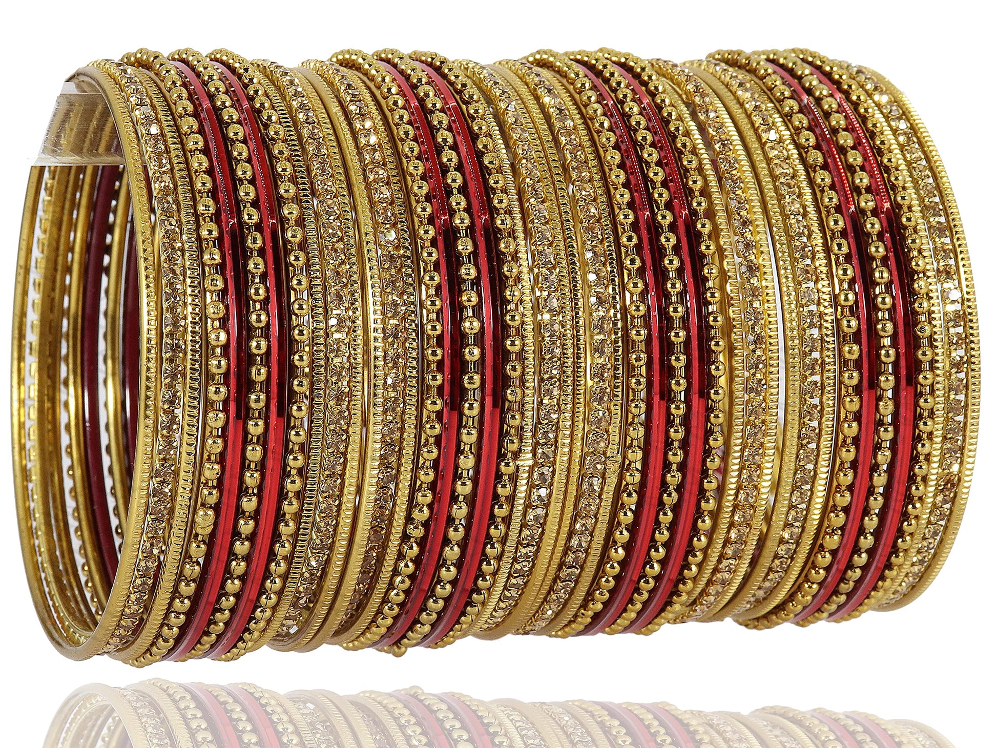 T4 Jewels Non-Precious Metal with Base Metal Zircon Gemstone Studded Glossy Finished Ballchain Linked Gold Plated Cutting Pattern Bangle set for Women and Girls Maroon T4 Jewels