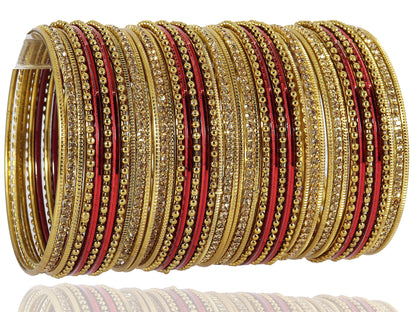T4 Jewels Non-Precious Metal with Base Metal Zircon Gemstone Studded Glossy Finished Ballchain Linked Gold Plated Cutting Pattern Bangle set for Women and Girls Maroon T4 Jewels