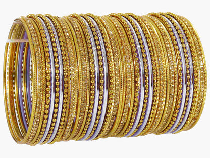 T4 Jewels Non-Precious Metal with Base Metal Zircon Gemstone Studded Glossy Finished Ballchain Linked Gold Plated Cutting Pattern Bangle set for Women and Girls T4 Jewels