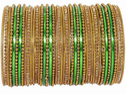 T4 Jewels Non-Precious Metal with Base Metal Zircon Gemstone Studded Glossy Finished Ballchain Linked Gold Plated Cutting Pattern Bangle set for Women and Girls Dark Green T4 Jewels