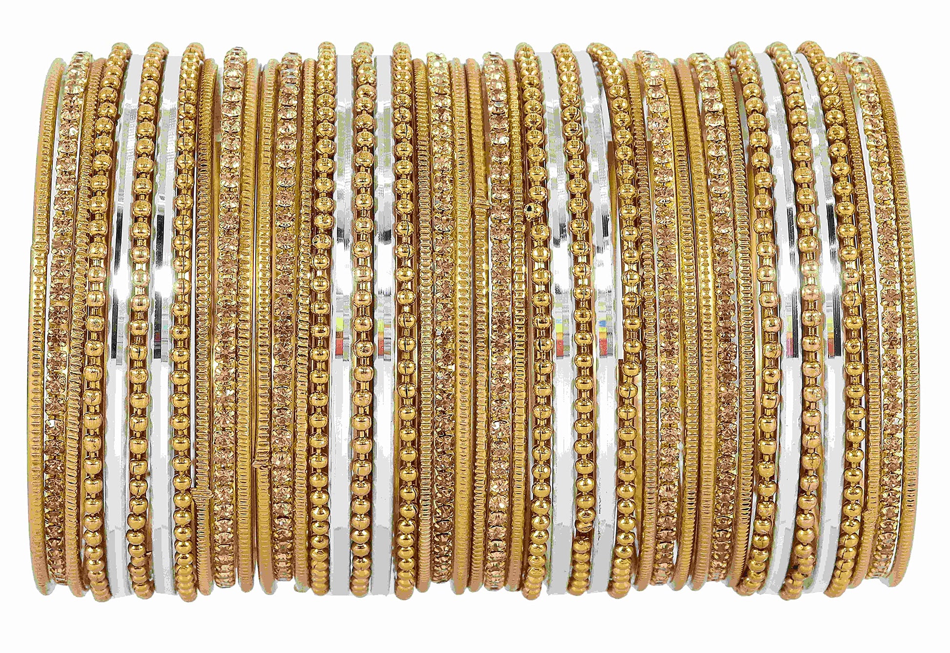 T4 Jewels Non-Precious Metal with Base Metal Zircon Gemstone Studded Glossy Finished Ballchain Linked Gold Plated Cutting Pattern Bangle set for Women and Girls White T4 Jewels