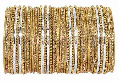 T4 Jewels Non-Precious Metal with Base Metal Zircon Gemstone Studded Glossy Finished Ballchain Linked Gold Plated Cutting Pattern Bangle set for Women and Girls White T4 Jewels